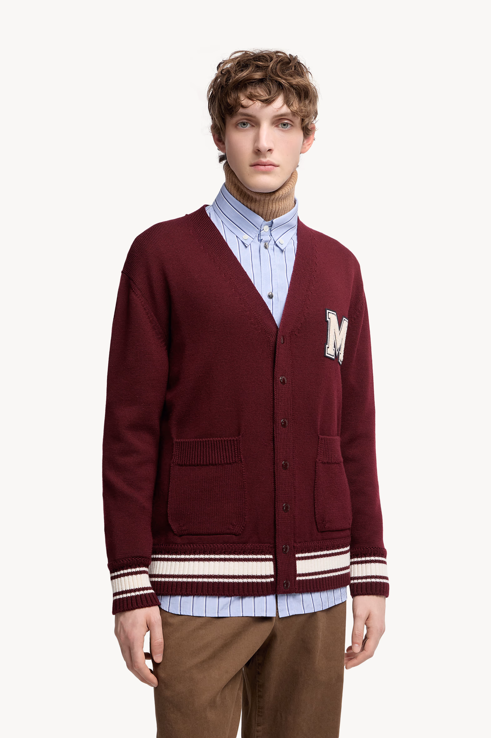 Embroidered Monogram Wool Cardigan Men Burgundy Moncler 3